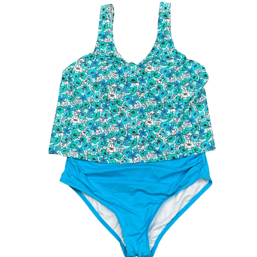 Lands End Tankini Swimsuit Womens M 10-12 Blue Floral 1 Piece